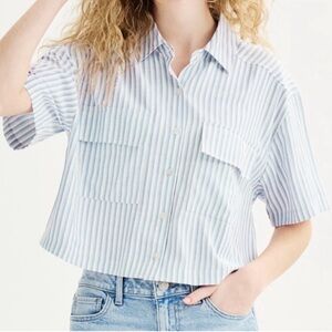 Dizzy Lizzy by Los Angelas Blue & White Stripped Cropped Button-Down Shirt